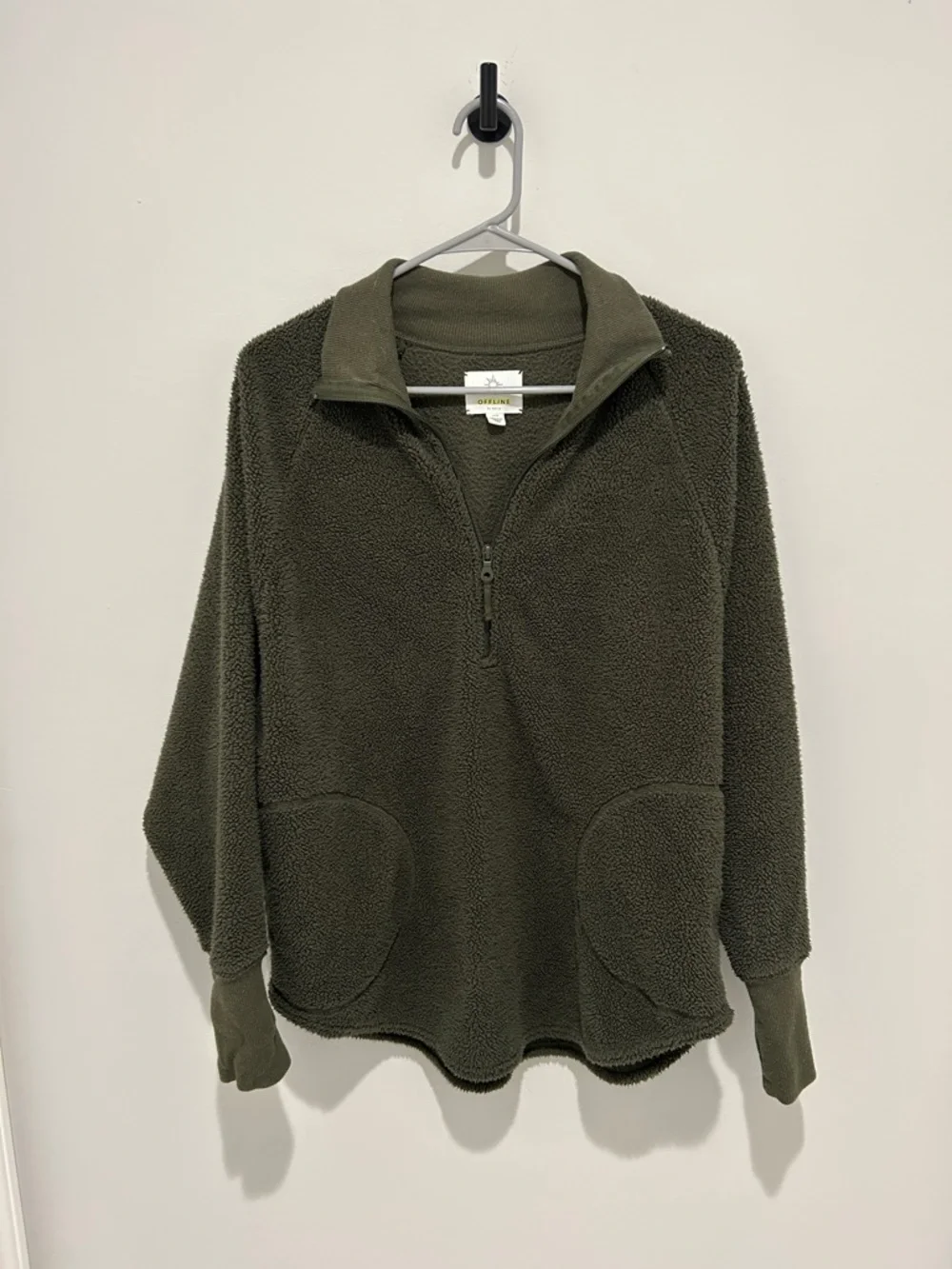 Aerie Cozy Olive Green Half-Zip Oversized Sherpa Pullover Sweater - Picture 1 of 5